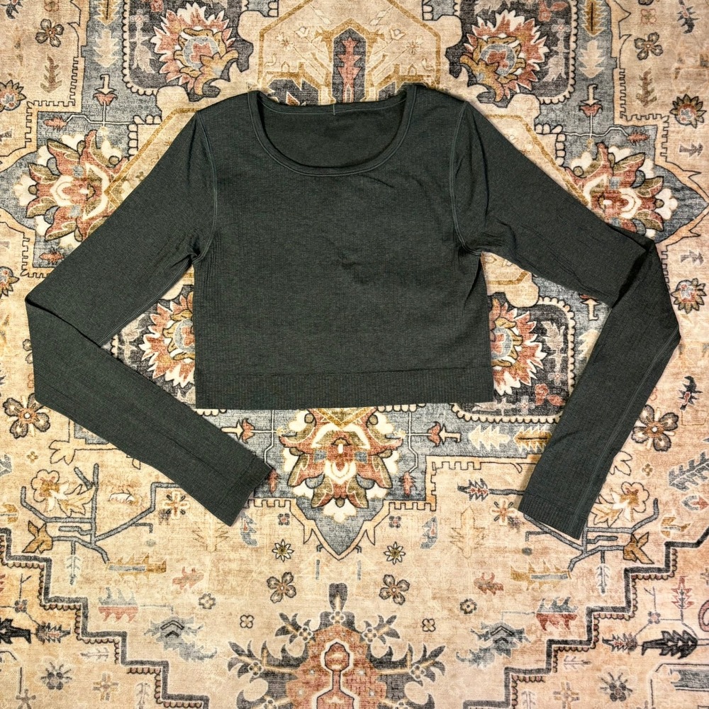 Lululemon Ebb to Street Long Sleeve Ribbed Crop Top Dark Green Athletic Gym Yoga